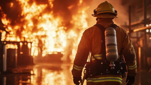A brave firefighter in full gear standing resilient against a backdrop of flames, embodying courage and determination while combating a fierce fire emergency.