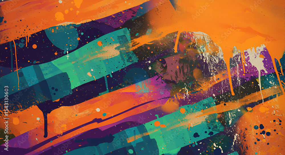 Poster dynamic and vibrant abstract painting with expressive strokes and splatter effects