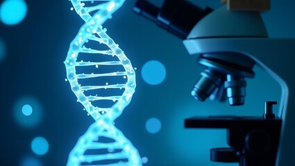 A glowing dna strand is partially visible next to a microscope in a blue background