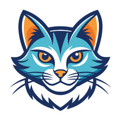 Cartoon cat face displaying blue fur with orange eyes stares intently forward