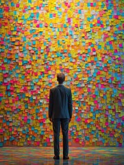 Man contemplating a wall covered with colorful sticky notes Generative AI image