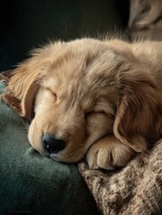 Obraz premium Sleeping golden retriever puppy in cozy indoor setting adorable animal portrait capturing peaceful moments