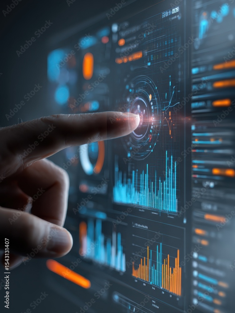 Poster a hand interacting with a digital screen, displaying a graph or diagram for data analysis, with visu