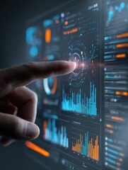 A hand interacting with a digital screen, displaying a graph or diagram for data analysis, with visual elements highlighting trends, insights, and technological advancement in analytics
