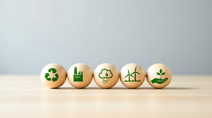 Eco-Friendly Wooden Balls with Sustainability Icons.