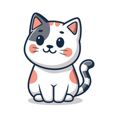 The cute cartoon cat with a striped tail sits quietly on a white background