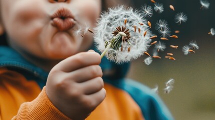 A child blowing a dandelion.