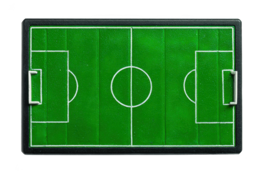 Overhead view of miniature soccer field isolated on transparent background