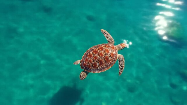 Sea Turtle Hatchling: A young sea turtle gracefully swims in crystal-clear turquoise water, its shell patterned with intricate markings.