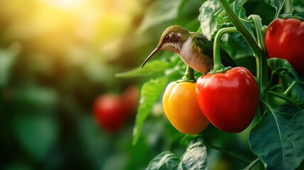 Naklejka premium A vibrant hummingbird resting delicately among red and yellow bell peppers, capturing the beauty of nature's colors and the harmony within the garden setting.