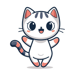 Cheerful cartoon cat with striped tail is smiling and raising its paws