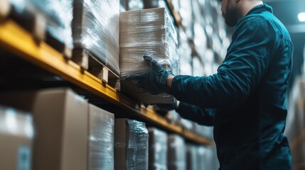 A focused warehouse worker in gloves organizing packaged boxes on a shelf, showcasing diligence and efficiency in a structured work environment.