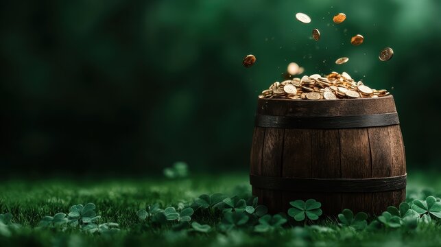 A detailed view of a rustic barrel brimming with shimmering gold coins, set against a soft green background, evoking feelings of luck and prosperity.