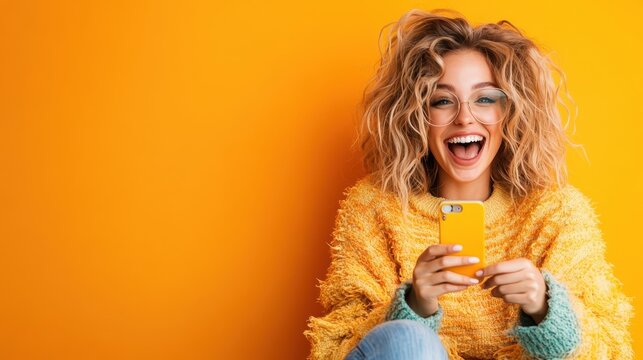 An excited young woman wearing glasses and a cozy sweater enjoying her time while capturing a moment with her yellow phone against a vibrant backdrop.
