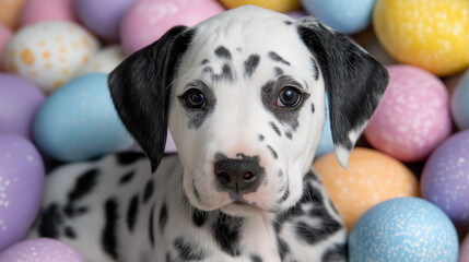 Naklejka na ściany i meble Easter Dalmatian Puppy Surrounded by Colorful Eggs