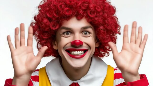 A clown with red hair and a red wig is making a funny face and pointing his finger. The image has a lighthearted and humorous mood