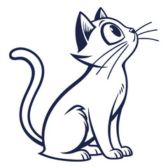 Line art shows a sitting cat looking upward with attentive expression on its face