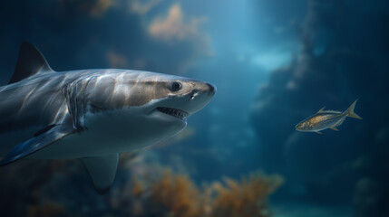 Fototapeta premium An ambitious small fish eyeing a big shark in the ocean scene