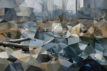 Abstract geometric art depicting a tranquil forest stream scene with logs and scattered rocks