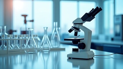 A modern microscope and various glass laboratory equipment are arranged on a lab bench