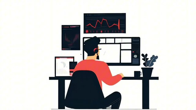 young bearded man with computer monitor working