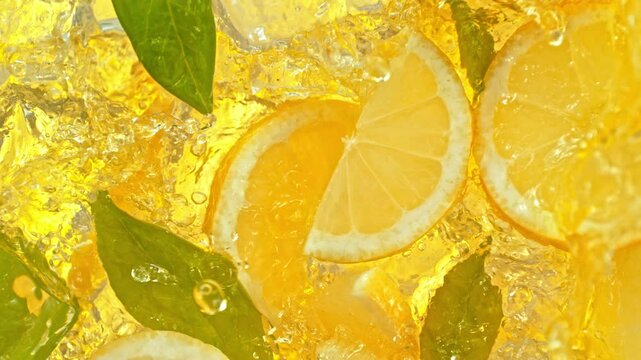 Super Slow Motion Shot of Pouring Lemonade on Fresh Lemon Slices, Ice and Green Leaves at 1000fps.