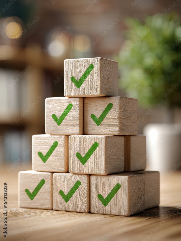 Aufkleber stacked wooden blocks with green check marks indoor setting conceptual image focused viewpoint for c