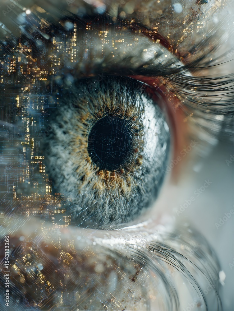 Poster generative ai image of cybernetic eye with digital overlays