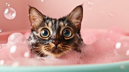 This charming image captures a delightful cat surrounded by bubbles in a playful pink environment, highlighting its big eyes and expression during bath time.
