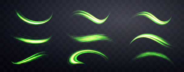 Glowing green lines set. Neon realistic energy speed. Abstract light effect on a dark transparent background. Vector illustration. © Elena