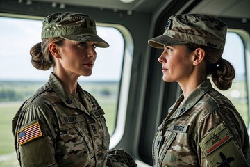 Fototapeta premium Spunky Military Woman in a Modern Personal Refuge Before Her Significant Journey