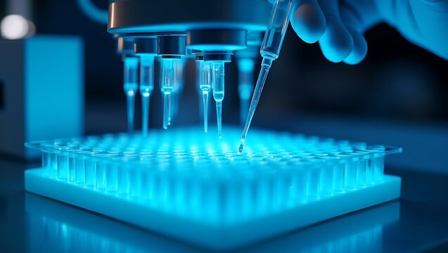 A robotic pipette fills a microplate with liquid samples - Powered by Adobe