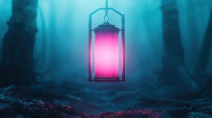 A mystical lantern emits a soft glow in a foggy forest, evoking a sense of mystery and enchantment. It's a symbol of guidance and wonder amidst nature's secrets.