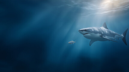 Fototapeta premium Ambitious Small Fish and Big Shark Underwater Business Concept