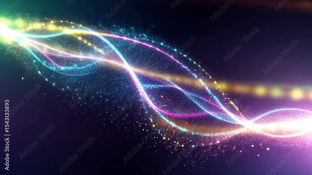 Poster abstract wave background of multicolored glowing lines and particles against dark background