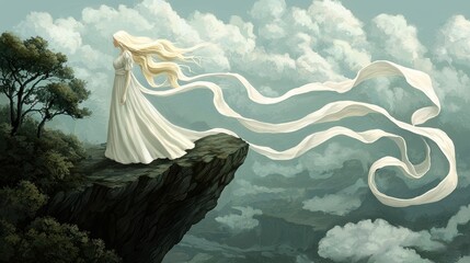 A woman in a white dress stands on a cliff, her long blonde hair flowing behind her as she gazes out at the cloudy sky.