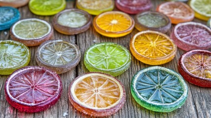 Colorful candy slices, like lemon and orange, arranged on a wooden surface