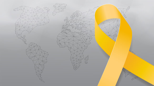 Sarcoma cancer awareness month сoncept.  Banner template with yellow ribbon and world map. Vector illustration.