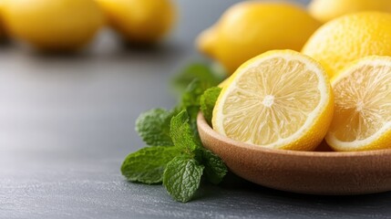 A vibrant display of halved lemons resting on mint leaves, emphasizing the freshness and zest that these ingredients bring to culinary creations and beverages.