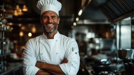 Fototapeta premium A cheerful chef wearing a traditional hat confidently stands in a modern kitchen, embodying the passion and joy found in culinary arts and professional cooking.