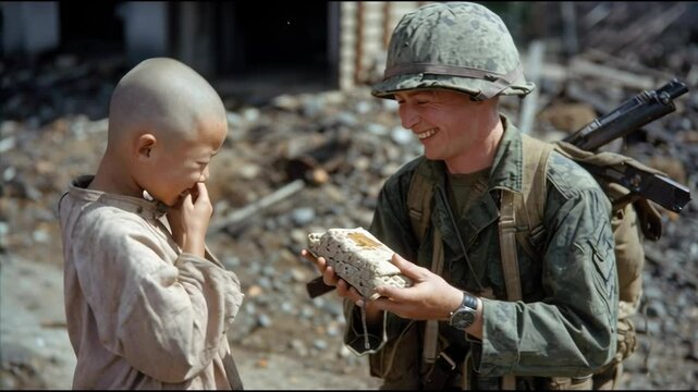 戦後の日本、米兵からお菓子をもらい照れ笑いを浮かべる少年