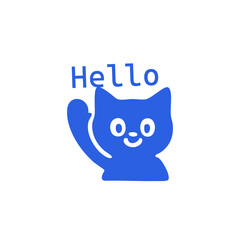 Cute, stylized blue cartoon cat waving, with the word 
