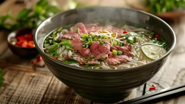 Steaming bowl of Vietnamese pho with rice noodles, thin beef slices, and fresh herbs