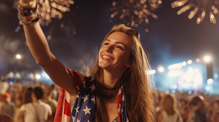 The night of 4th of july. Woman celebrating 4th of July with US flag