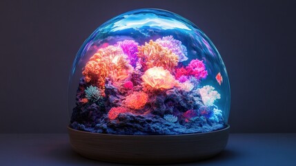 Colorful coral reef in a glass dome, glowing