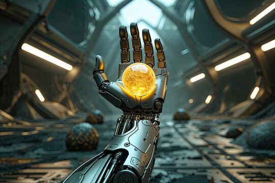 Prosthetic Hand with Glowing Sphere in a Dystopian Futuristic Landscape