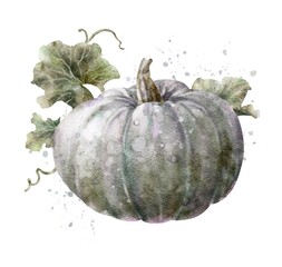 Colorful watercolor pumpkin with leaves. Helloween element. Digital illustration.