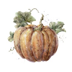 Colorful watercolor pumpkin with leaves. Helloween element. Digital illustration.