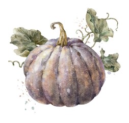 Colorful watercolor pumpkin with leaves. Helloween element. Digital illustration.