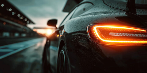 taillights of a black sports racing car on the track in a race close-up